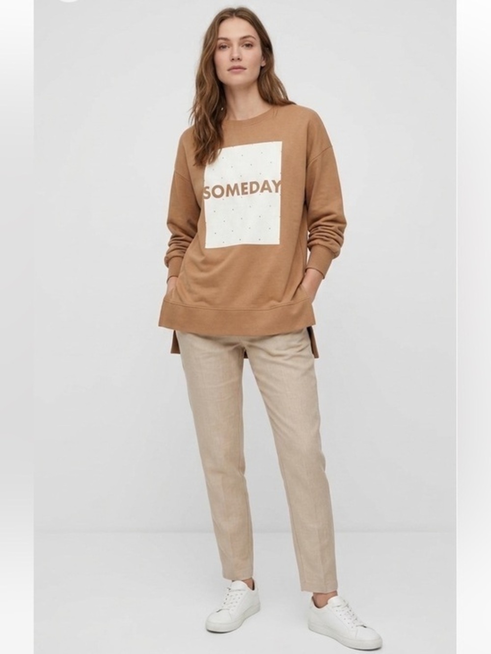 Vero Moda Cotton Oversized Brown & White  Someday Sweatshirt With Side Slits